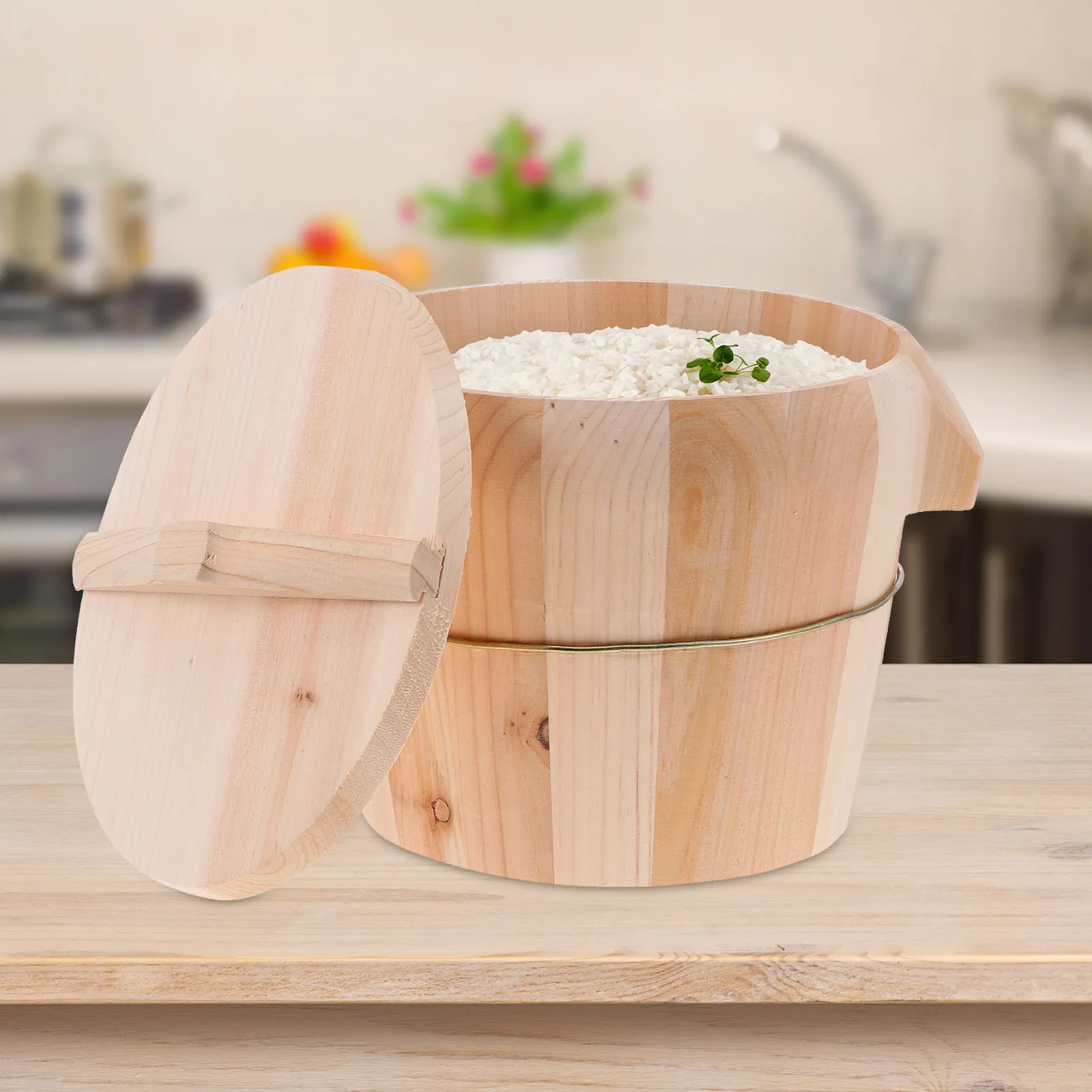 1Set Natural Wooden Rice Steamed Bucket Premium Wood Smooth Surface Anti-Scald Handle Movable Bottom Even Cooking Kitchen