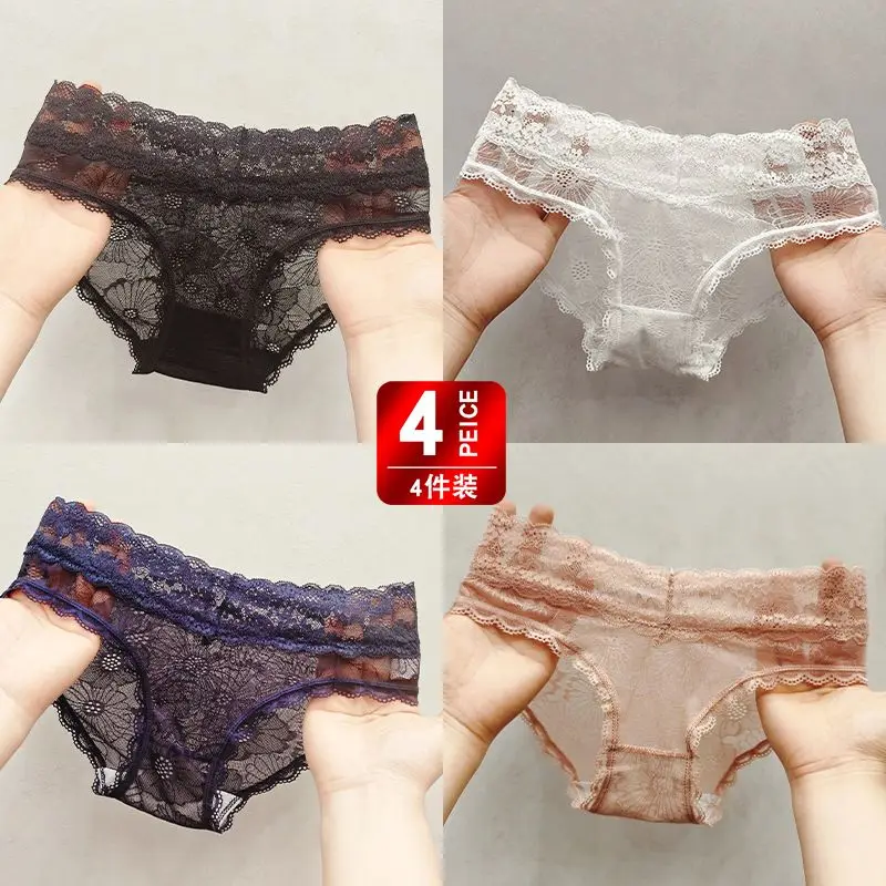 4 Lace Underwear Ladies Sexy Breathable Atmosphere Pure Desire Low Waist Triangle Transparent Shorts Head Girly Style Comfort