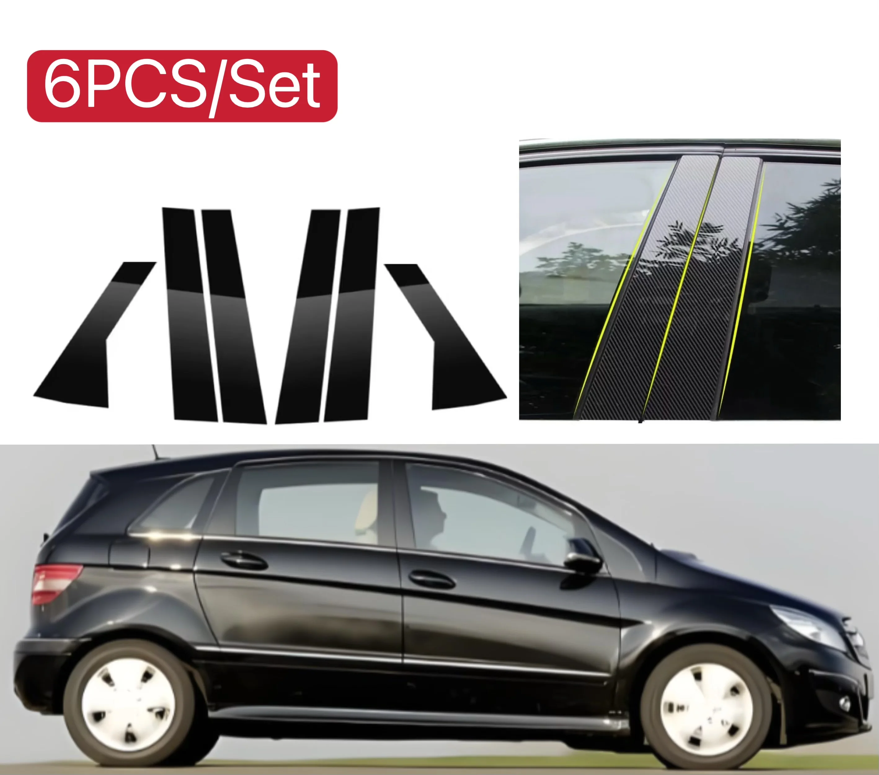 

6pcs Glossy Black Pillar Post Fit For Mercedes Benz B Class W245 2009-2011 Carbon Door Window Column BC Trim Sticker Cover