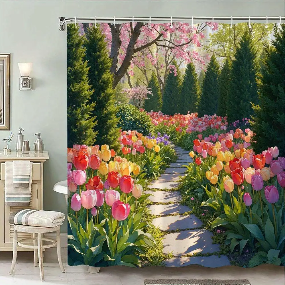 

Watercolor Spring Garden Tulip Shower Curtain Polyester Waterproof Bathroom Home Decor Floral Blossoms Nature Woodland Cottage A