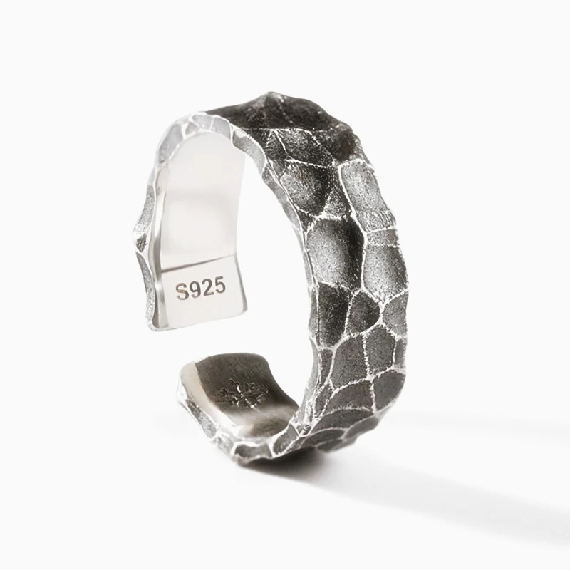 Retro Stone Texture Male 925 Sterling Silver Female Resizable Opening Rings RI1000