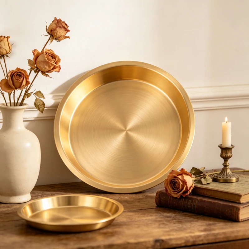 Pure Copper Serving Tray Thickened Gongfu Tea Dish Rustproof Plate for Kitchen Steaming Dining Table Organizer for Keys Jewelry