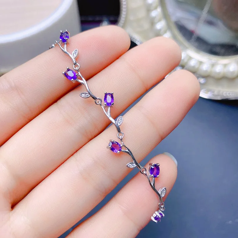 925 Silver Branch Bracelet for Daily Wear 3mm*4mm Total 1.6ct Natural Amethyst Bracelet 18K Gold Plating Amethyst Jewelry