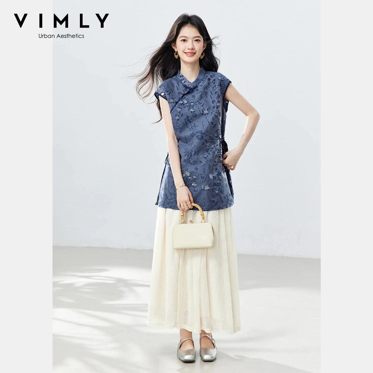 VIMLY Women's New Chinese Jacquard Summer Sets Tie Waist Stand Collar Sleeveless Top Textured Pleated Skirt 2 Piece Outfit A6355