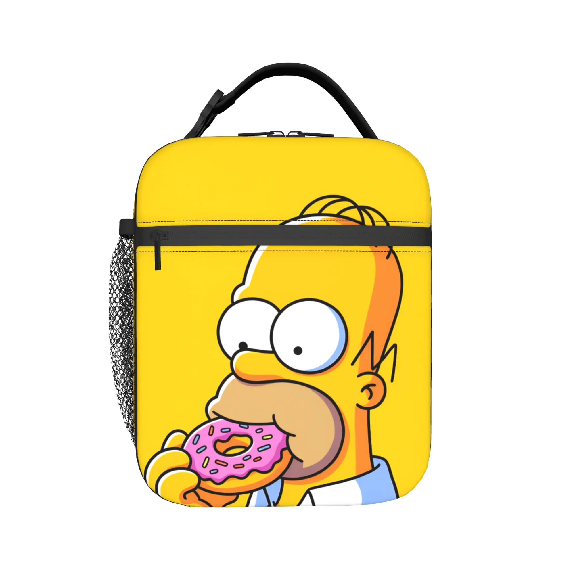 S-Simpsons Homer Eating Donut Lunch Bag  Portable Zipper Lunch Box Girls Travel Print Cooler Bag Funny Oxford Tote Food Bags