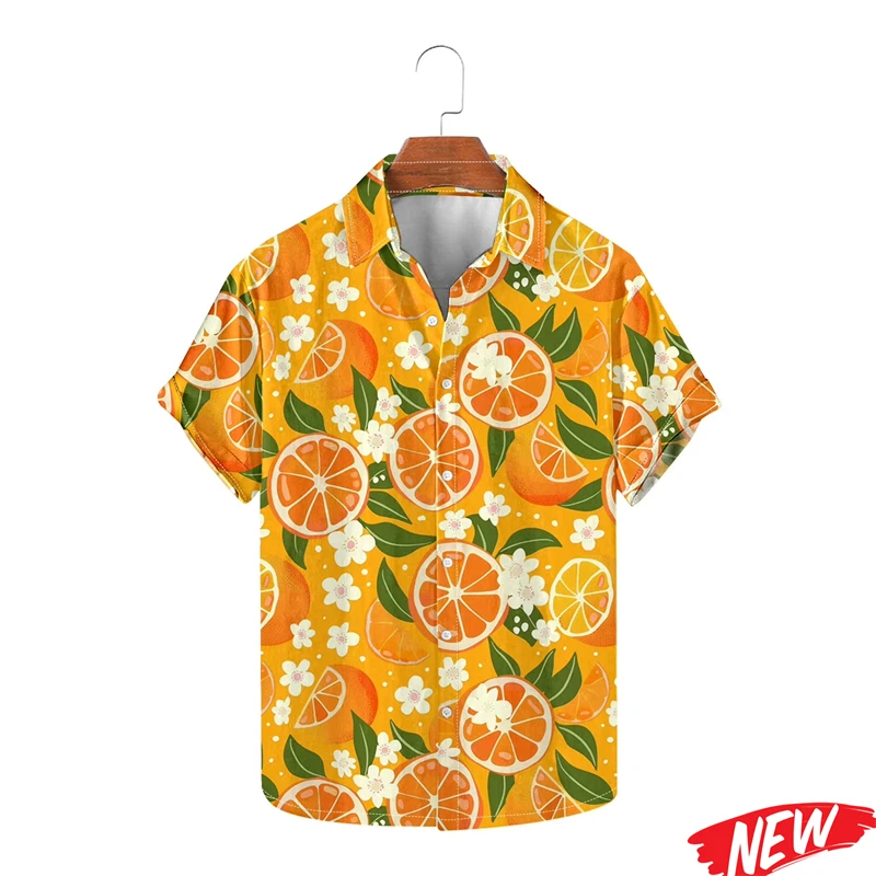 Modisches Hawaii-Hemd mit Orangen-Grafik für Herren, Frühjahr/Sommer 2026, Revers-Aloha-Hemd, Oversize-Kurzarmhemd im Streetwear-Stil