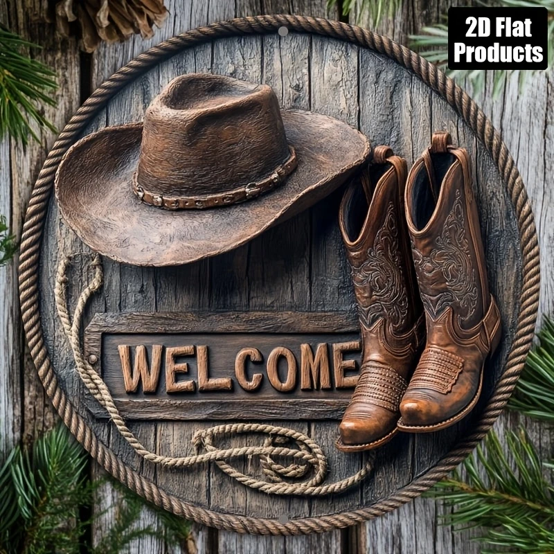 1 Piece 2D Wooden Disc Hat Shoes Welcome Theme Wall Art Sign 8 Inch For Home Office Living Room Bathroom Bar Cafe Decoration