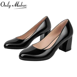 Onlymaker Women Pumps Black Round Toe Block Classic Slip On Thick Heel Office Dress Elegant Handmade Chunky Shoes