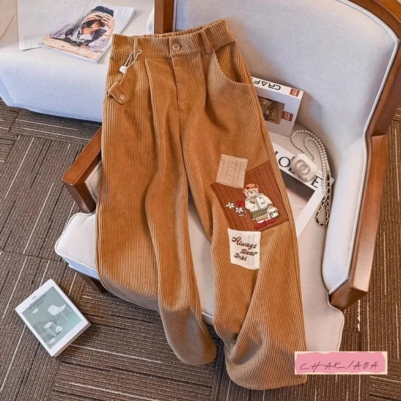

Japanese Harajuku Y2K Cute Cartoon Embroidery Casual Versatile Lolita Wide-leg Corduroy Straight Trousers Women Autumn Winter