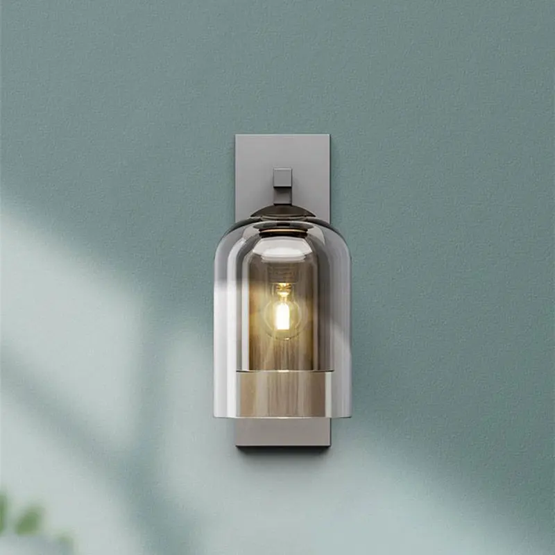Modern Minimalist Industrial Style Double-Layer Glass Bedside Table with Wall LED Light for Villa Hotel Hallway Staircase Balcon