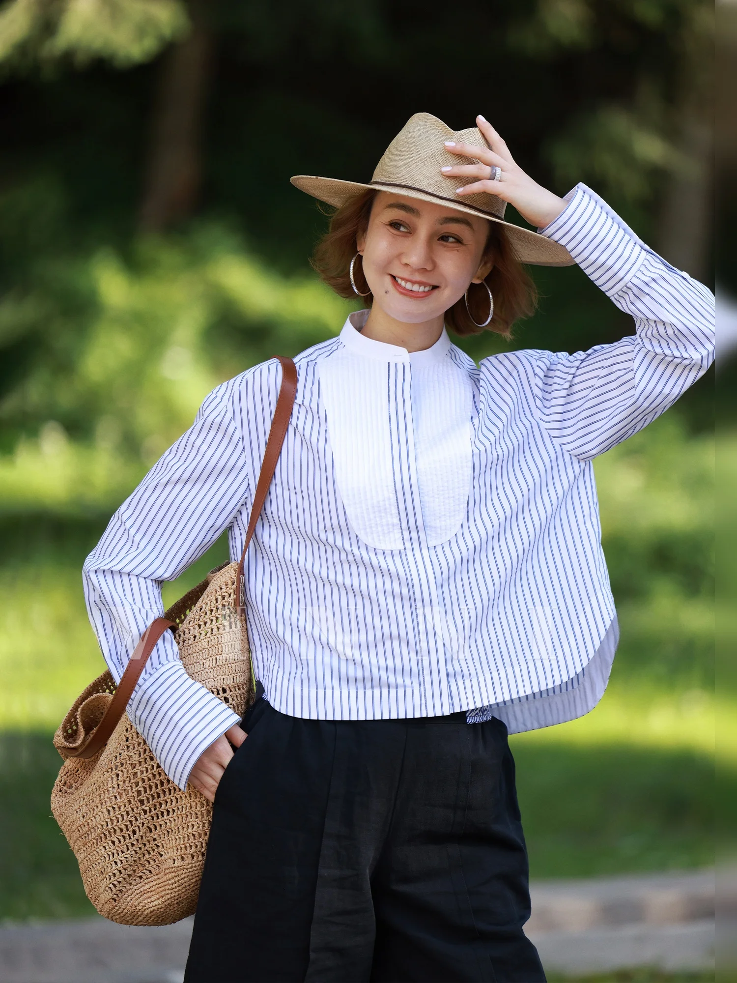 

Комплект WinnieTang: цветная тканая хлопковая рубашка в ретро-полоску и льняные хлопковые брюки-фонарики с манжетами, повседневный модный комплект для женщин