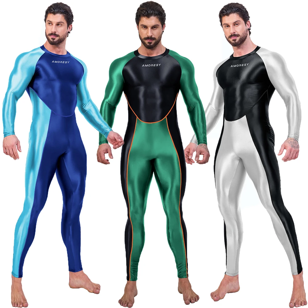 AMORESY Men Smooth Glossy Cycling Tights Leotards One Piece Jumpsuits Fitness Rompers Running Sports Tracksuits Overall Catsuits