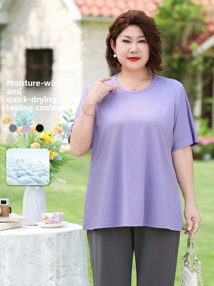 

Qui Dry ort Sve T-irt Women's Sport Fitn Thin Breathable Versatile Anti-Aging Middle-Aged plus Size irt