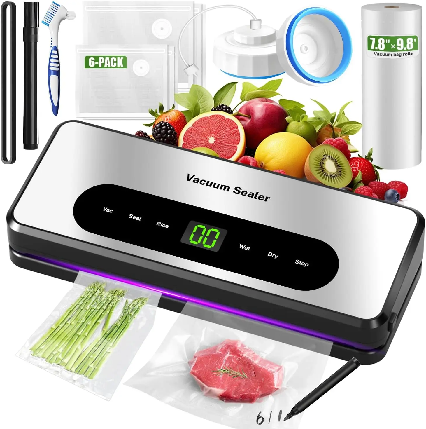 

Vacuum Sealer for Food, Food Saver Machine with Built-in Cutter, Dry/Wet Modes, Compact Design, Includes Bag Roll, Mason Jars, R