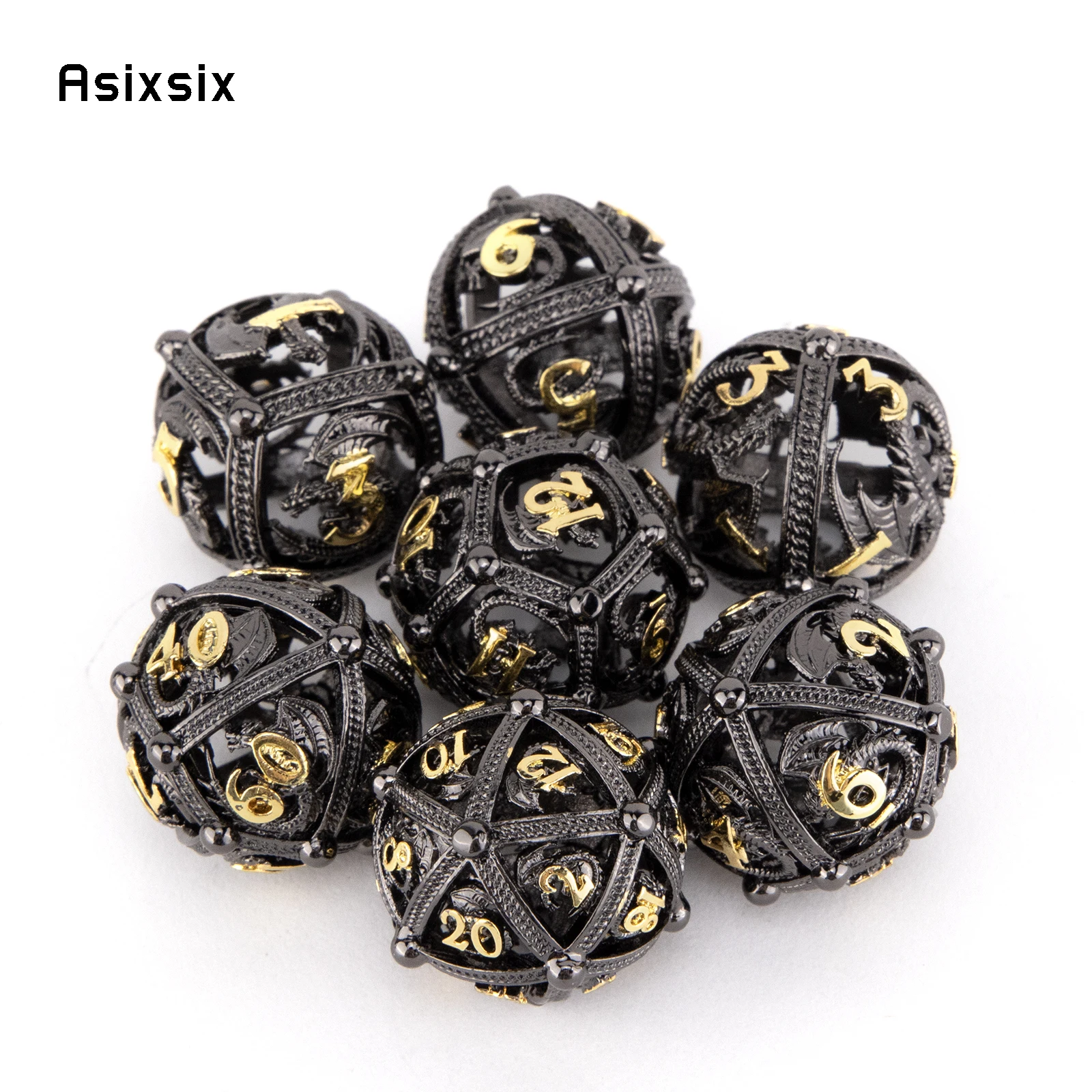 7 Pcs Black Golden Dragon Round Metal Dice Hollow Metal Polyhedral Dice Set Suitable for Role-Playing RPG  Board Game Card Game