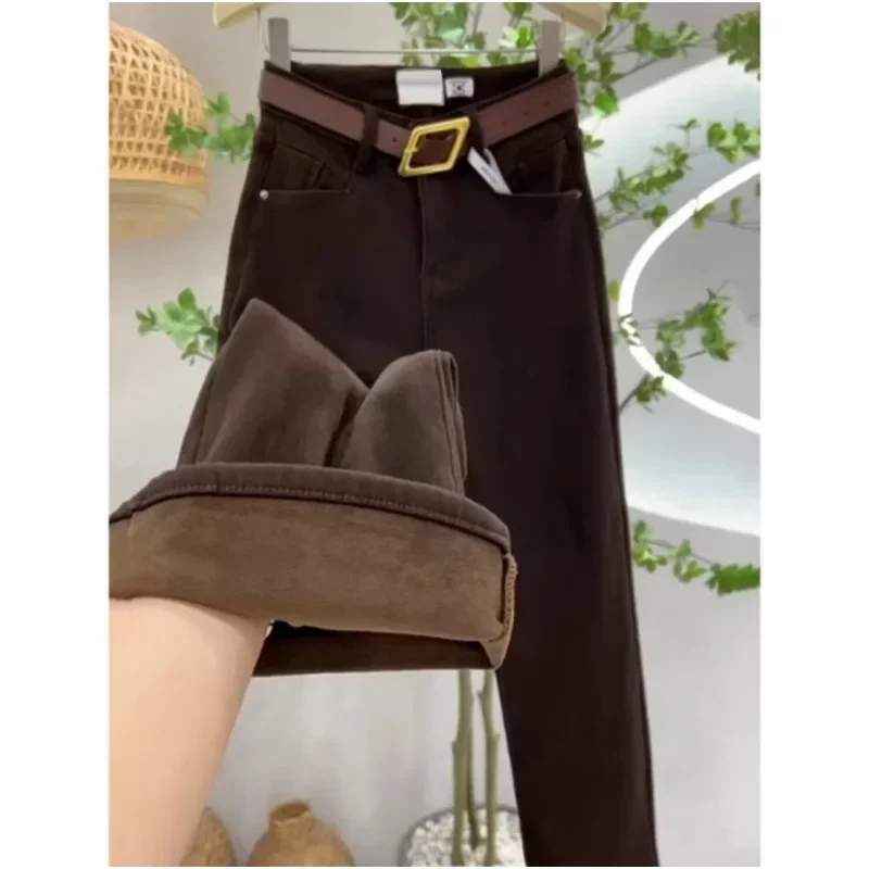 Calça jeans feminina forrada de lã solta perna reta outono inverno novo estilo emagrecimento tamanho pequeno versão estreita calças compridas