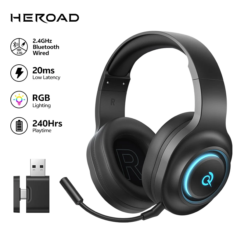 Heroad V200 by QCY H4GM 2.4GHz Wireless Gaming Over Ear Headset Mic Bluetooth 6.0 Headphones 7.1 Surround Sound 50 mm Drivers