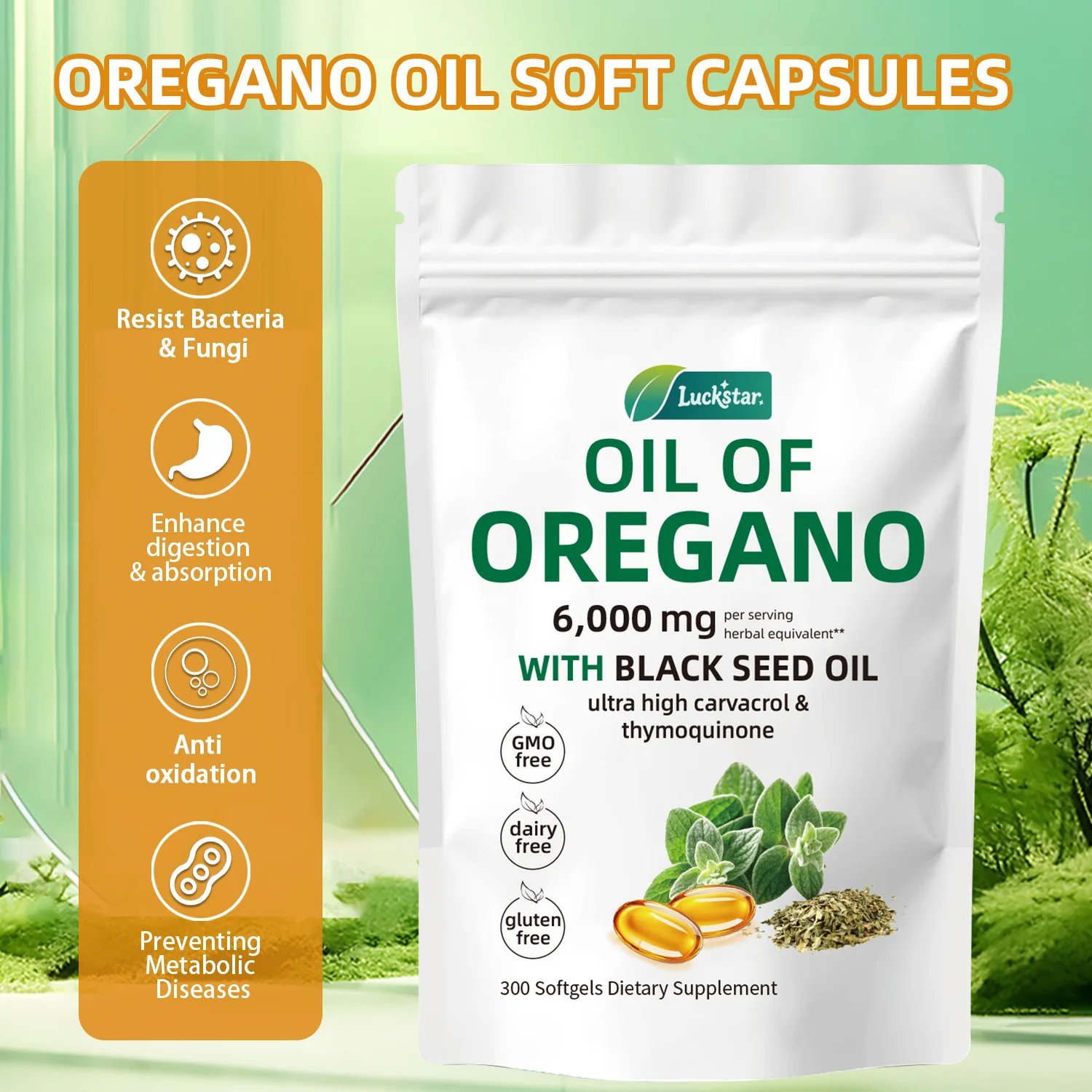 

【BIYBODE】 Oregano Oil 6000mg Softgels Black Seed Oil High Carvacrol Digestive Support Antibacterial Antiviral Immunity