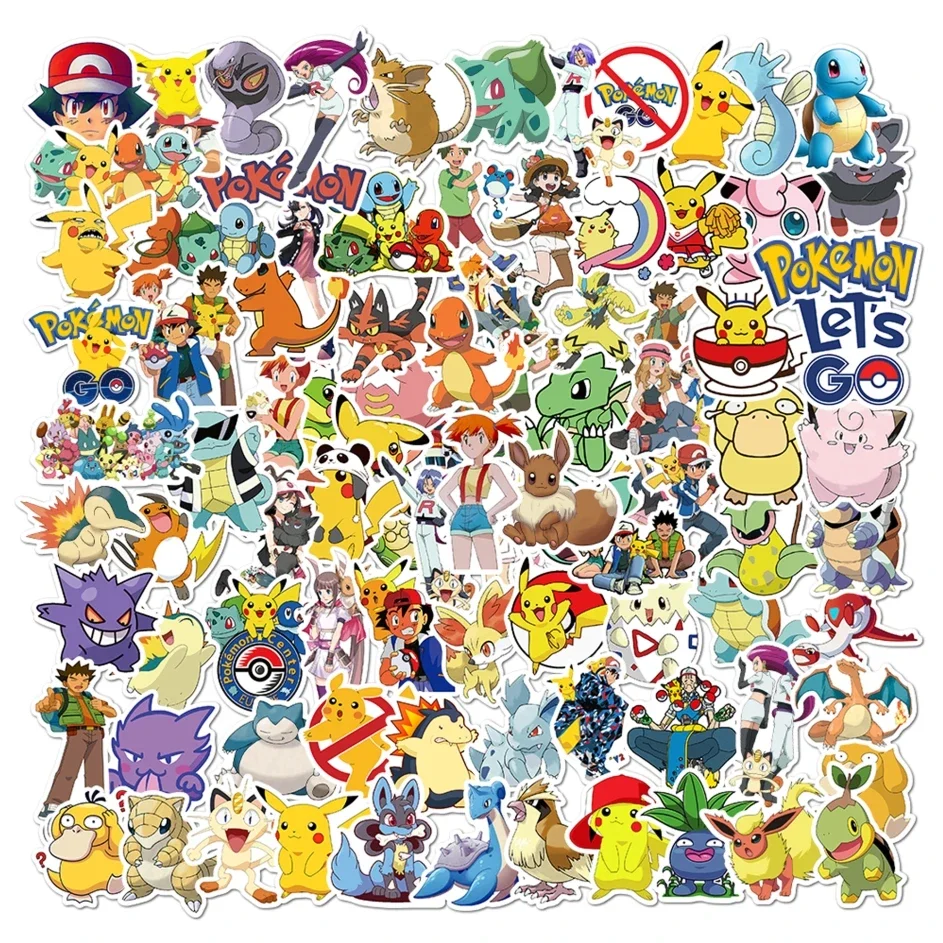 50/100PCS Kawaii Pikachu Anime Pokemon Stickers for Laptop Suitcase Skateboard Guitar Phone Waterproof Sticker Kids Toys