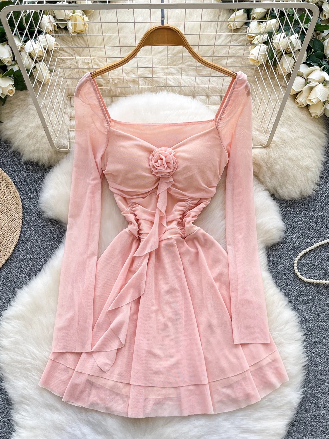 

Ele High Waist A-Line Dr Sexy Long Sve Floral Embellied Lace Dr for Women Ci Commute Summer Polyester Fiber