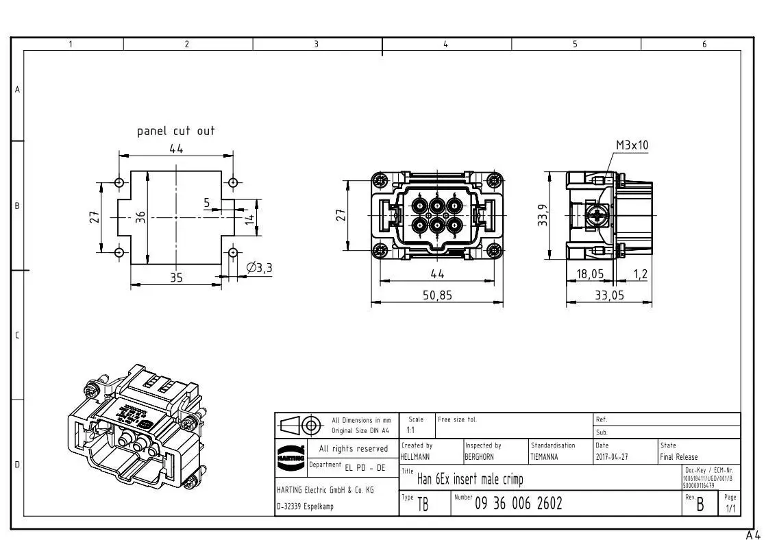 09360062602 HARTING Han 6Ex male 6-pin contact insert 16A connector 6B