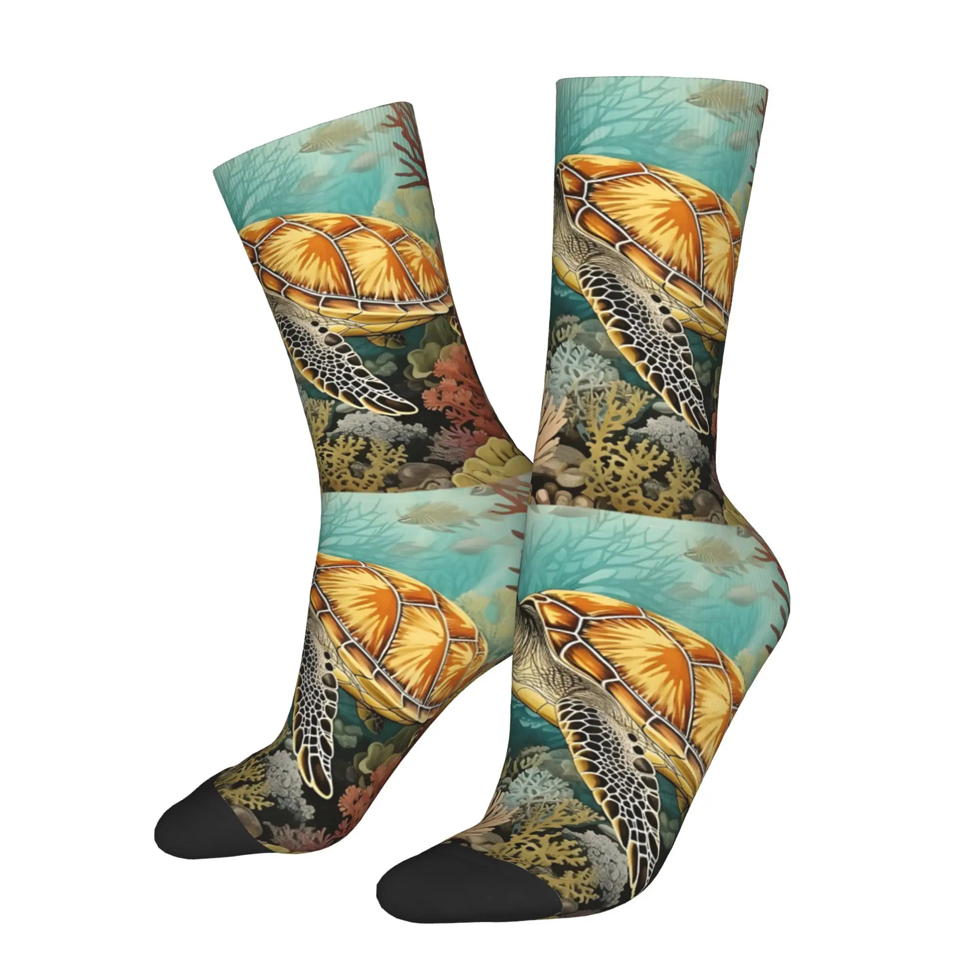 1pc Turtle In Coral Reef Printed Men's Socks  Novelty Hip Hop Harajuku Pattern Crew Sock Casual Gift