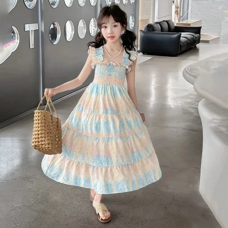 Vestido Maxi Infantil Estampado Tropical com Camadas e Babados, Sem Mangas, Modelo Evasê, Casual, para Praia, para Meninas de 4 a 14 Anos, Coleção Ver
