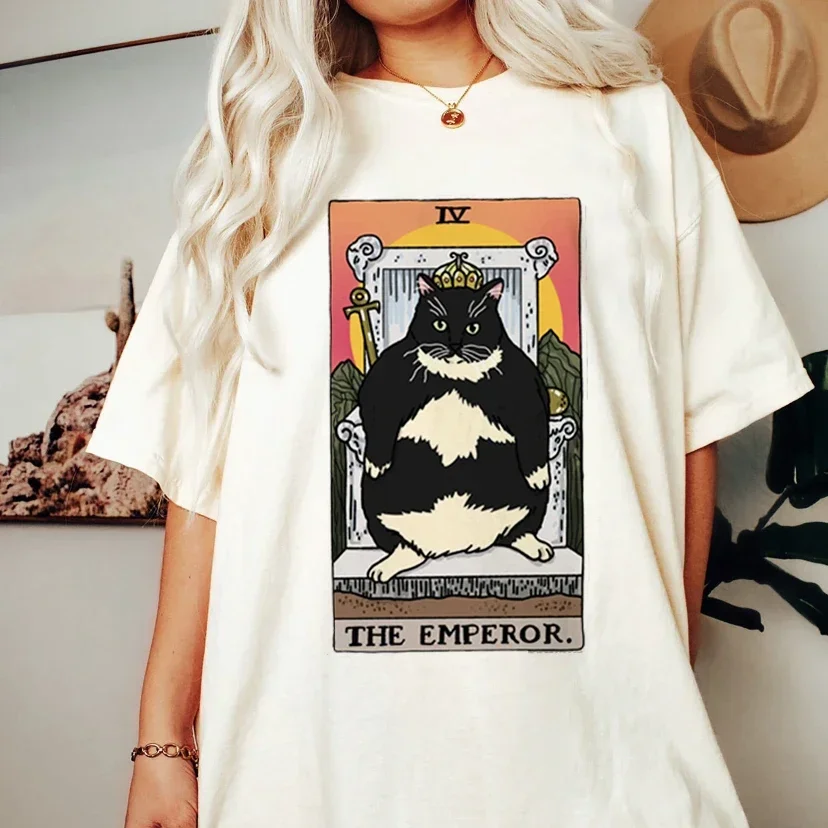 Harajuku 90s Women\'s New Casual Kawaii Tarot Cat Graphic Print high street Loose Oversize O Neck Short Sleeve Tops Tees Unisex