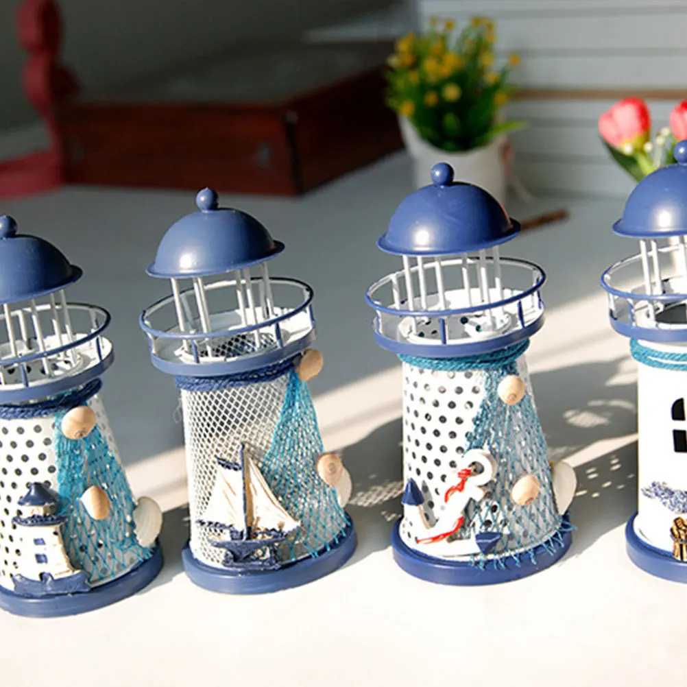 

4Pcs Mediterranean Style Iron Lighthouse Decor LED Holder Small Portable Desktop Ornament Home Office Gift