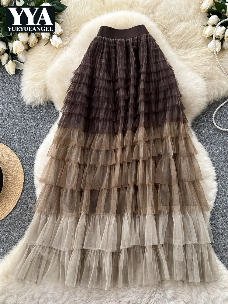 

Office Ladies Holiday Style Mesh Tiered Skirt Womens Summer High Waisted Mid Length Puff Skirts A-Line Elastic Waist Skirts