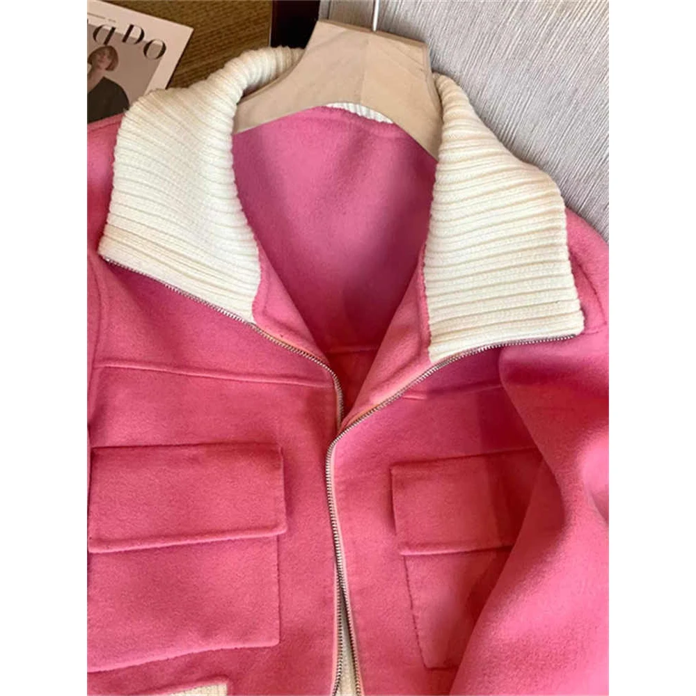 Femmes rose recadrée laine pardessus à manches longues vêtements d'extérieur Vintage Harajuku coréen lâche Baseball veste manteau 2000s vêtements hiver