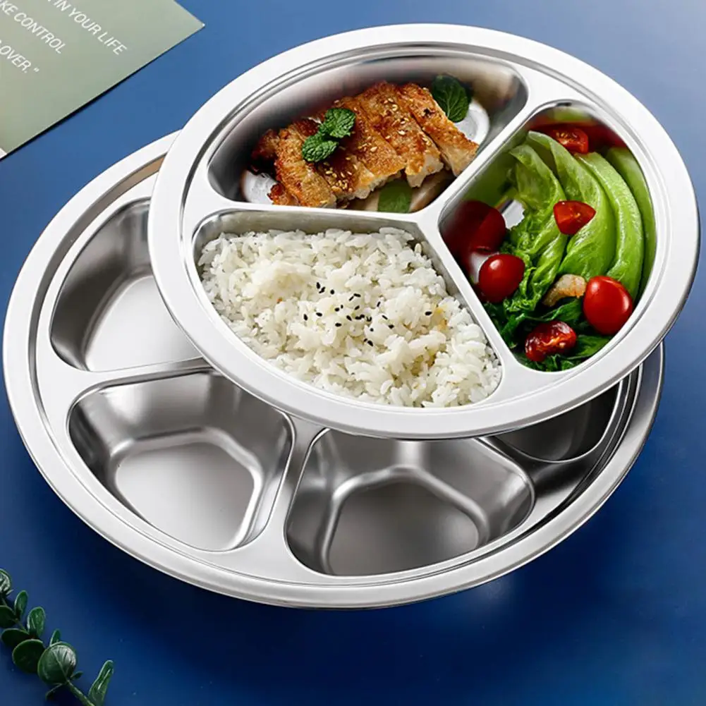 Thickened Stainless Steel Dinner Plate with Lid Dishwasher Dinnerware 2/3/4/5/6 Grids Round Rectangle Serving Tray for School