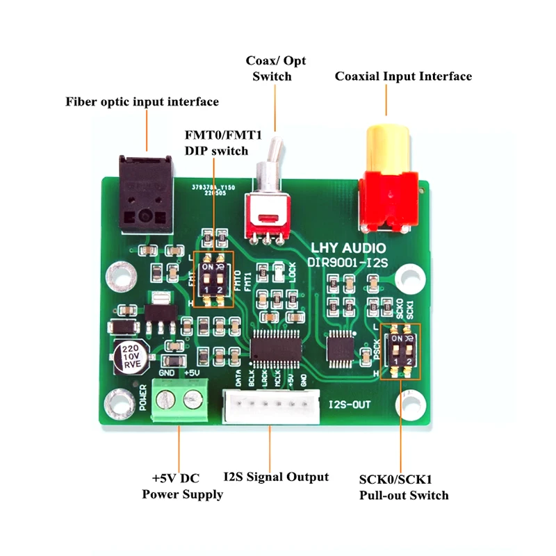 Hifi dir9001モジュールコンバーターボード (ホームオーディオアンプ用) 、dac diy spdifからi2sへの出力、同軸およびopt受信、24ビット、96KHz