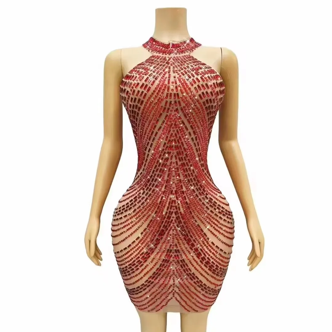 

Short Dress Halter Red Lady Sexy Transparent Rhinestone Elastic Mesh Bar Singer Concert Stage Wear Prom Party Club Crystal Dress