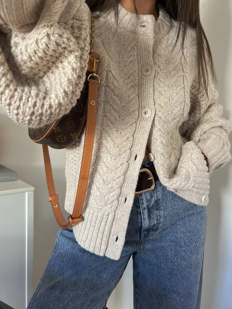 

Casual Twist Knit Cardigan Women Single Breasted O-neck Long Sleeve Loose Sweater Female 2025 Autumn Winter Chic Lady Knitwear
