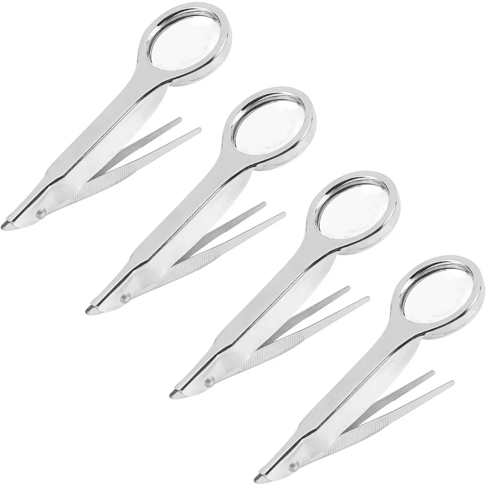 4pcs Splinter Tweezers Forceps with Magnifying Glass with 10×Magnifying Glass for Remove Hair Laboratory Scientific Jewelry