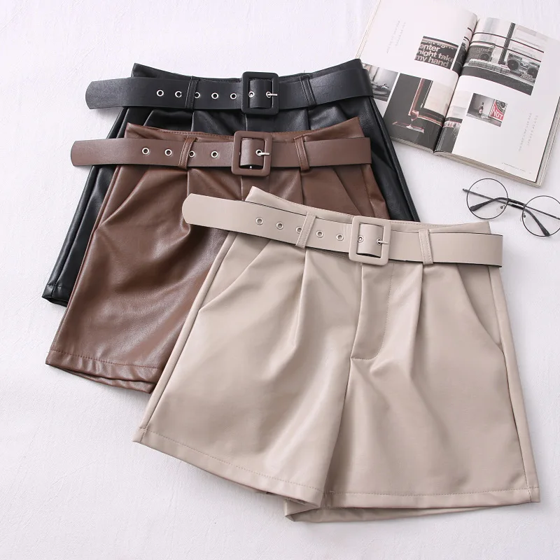 2026 nowe, modne i uniwersalne spodnie z szerokimi nogawkami z wysokim stanem, wyszczuplające, z ekoskóry PU, szorty codzienne damskie - z paskiem