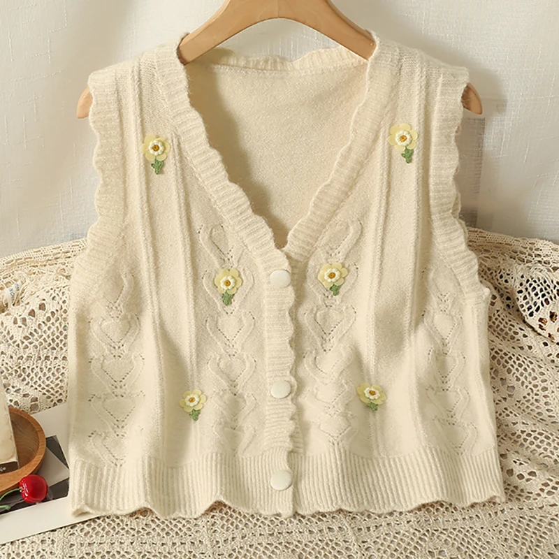 HELIAR Women Flower Embroidery Ruffles Sweet Sweater Vest Buttons Up Cardigan Sleeveless Casual Office Waistcoat Fall Winter