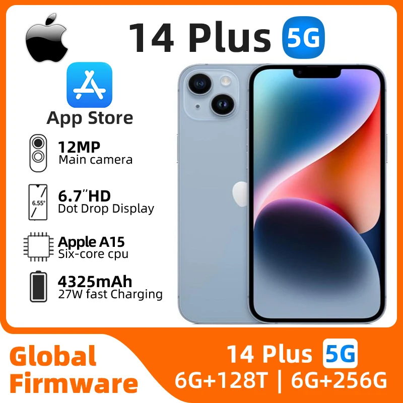 Apple-SmartPhone iPhone 14 Plus 5g, pantalla OLED de 6,7 pulgadas, cámara de 12MP, 4325mAh, 27W de carga, IOS, Original, usado