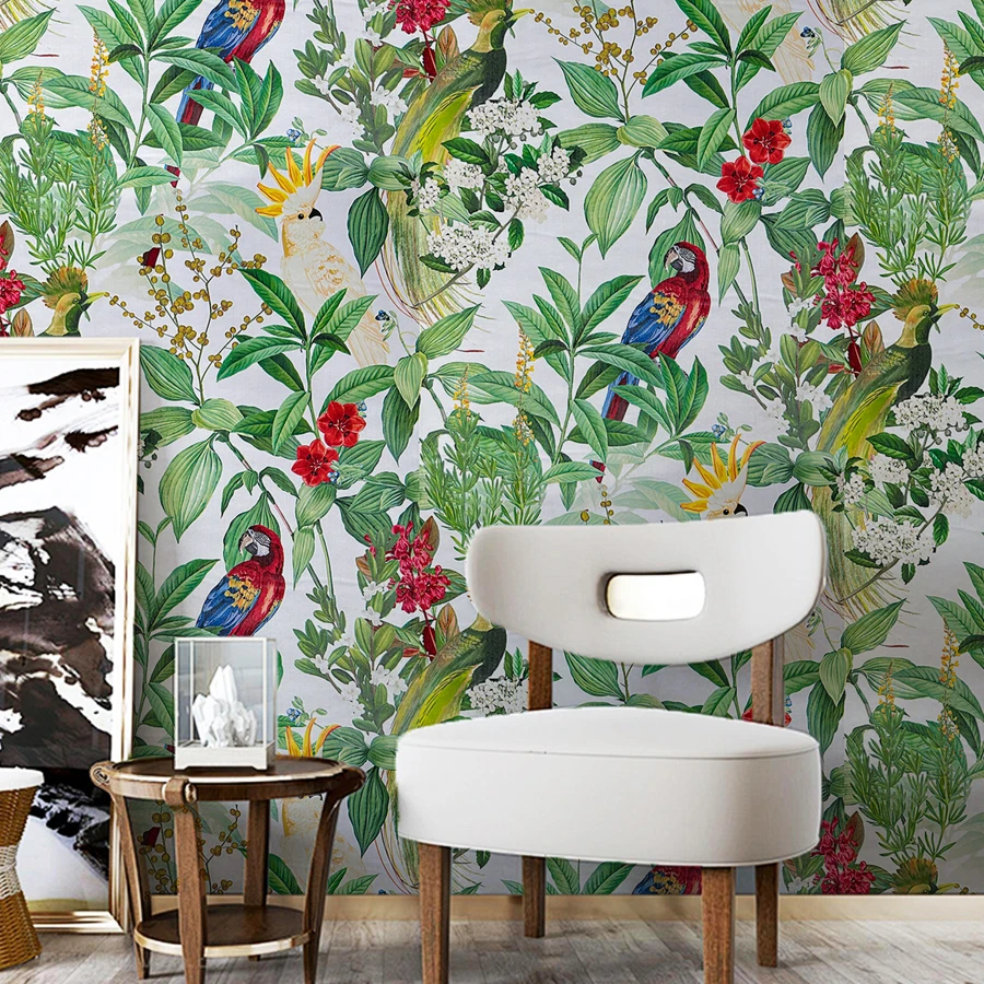 Tropical Parrot & Plant Wallpaper, Self-Adhesive PVC Wall Mural with Bird and Leaf Pattern, Peel and Stick Wall Sticker for Livi
