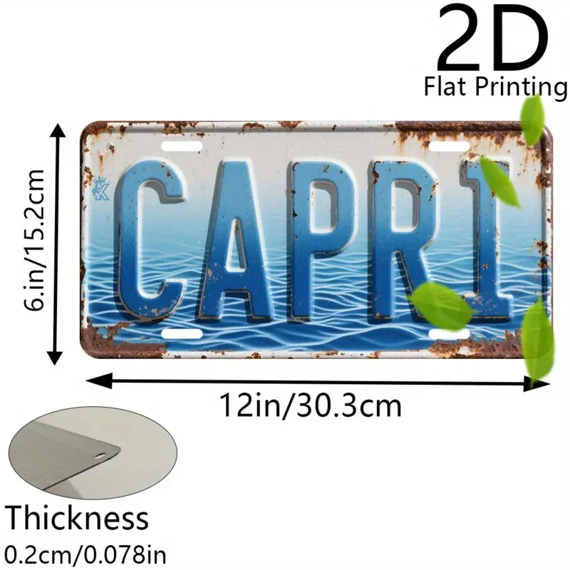 HD Aluminum Print, Vintage CAPRI Ocean Wave License Plate Style Wall Art, High Definition Bend-Resistant Metal Sign, Coastal Ita