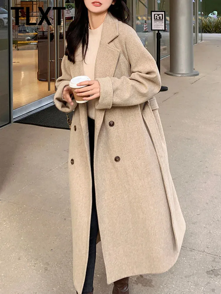 

TLXT Elegant Women's Wool Coat Mid-Length High-End Lapel Double Breasted Long Sleeve Commute Overcoats Female Winter 2025 New