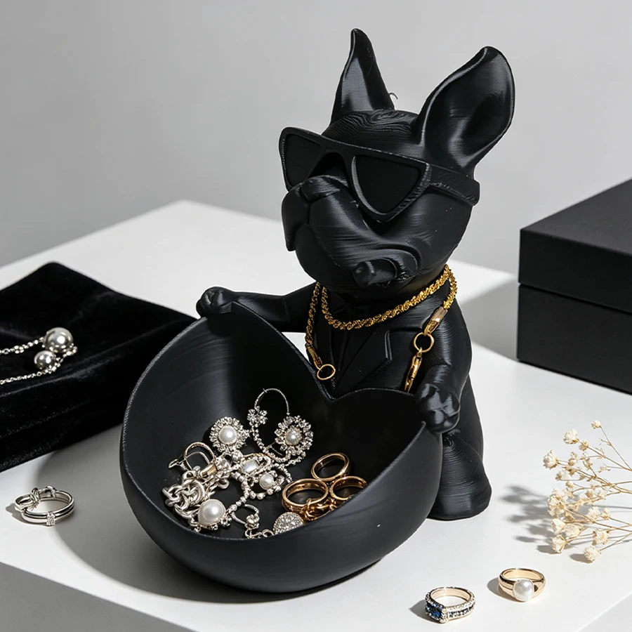 Black French Bulldog Jewelry Storage Tray, Stylish Sunglasses French Bulldog Ornament Tray, Multi-Scene Desktop Key and Coin Storage Ornament