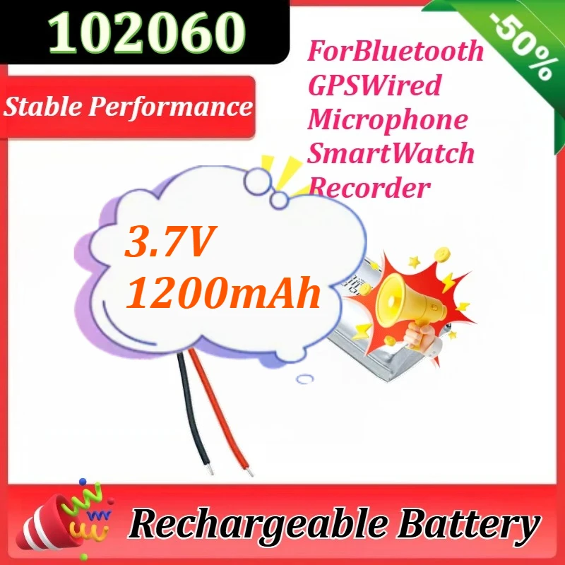 

Литий-полимерный аккумулятор 3.7V 1200mAh (модель 102060) для Bluetooth, GPS, проводных микрофонов, смарт-часов, диктофонов