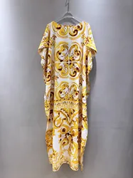 JAMERARY New Summer Holiday Golden Flower Loose Long Dress Women Batwing Sleeve Elegant Fashion Midi Vestidos Female