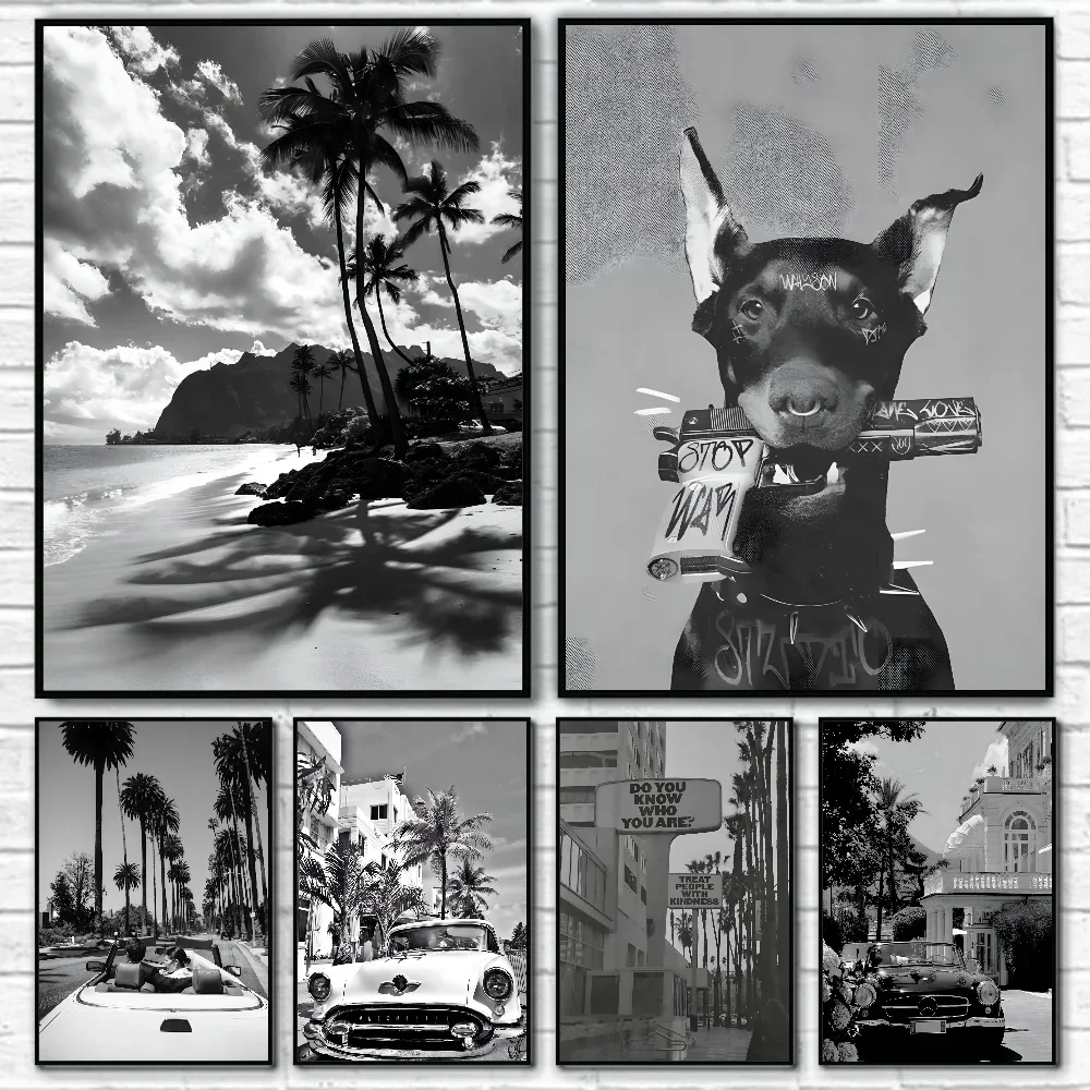 

2D/Flat Frameless Black and White Palm Tree Beach Landscape Canvas Painting, Wall Art Posters for Home Living Room Decortive