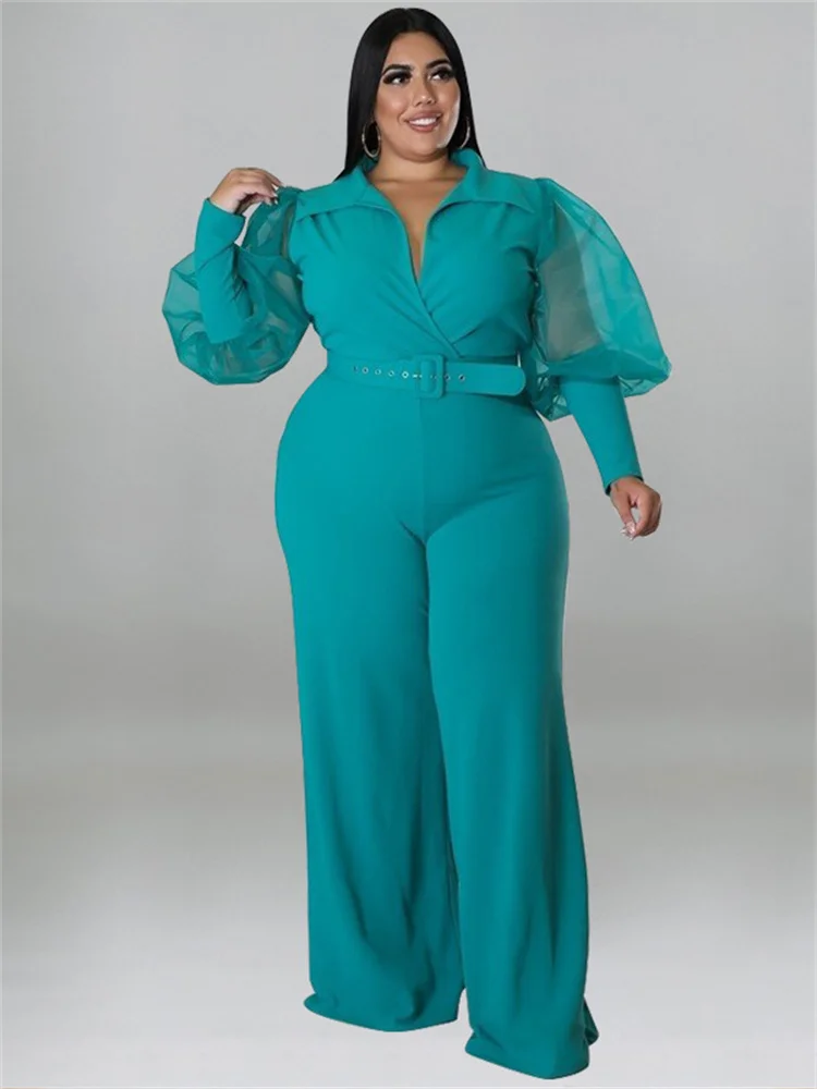 Wmstar-kombinezon damski Plus Size, dekolt w szpic z paskiem, pojedynczy, siatkowy rękaw, elegancki, kobiecy, do biura, hurt, Dropshipping