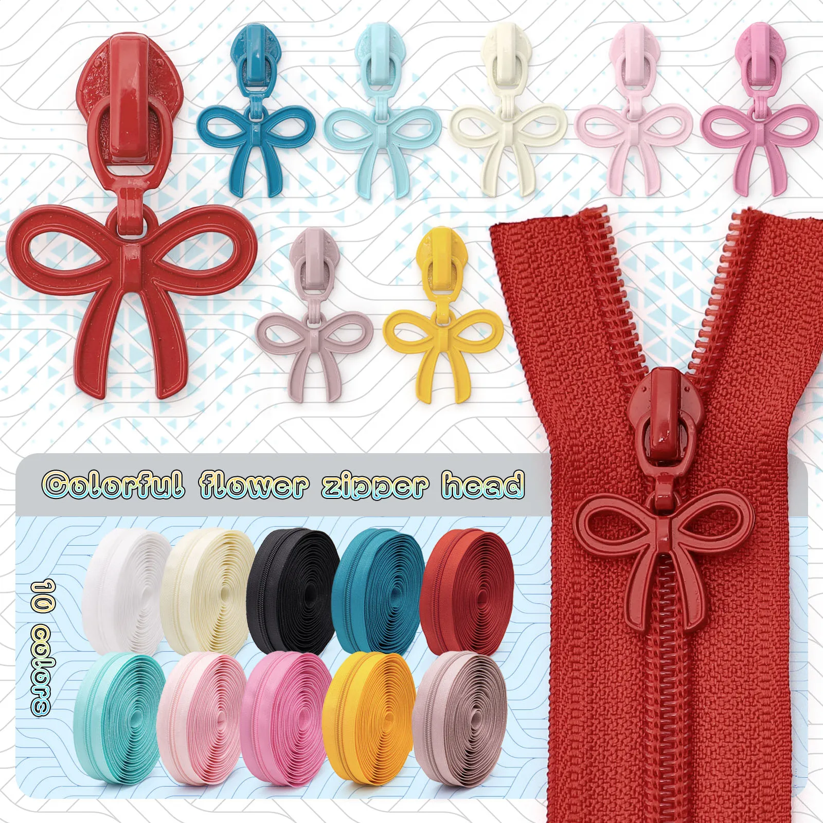 Set of 177.16-Inch Zippers with 10 Bow Zipper Pulls, Multi-Colored Zippers, Paired with Matching Bow Zipper Pulls, Can Be Used for Clothing, Bags, DIY Crafts, Sewing Replacements, Etc