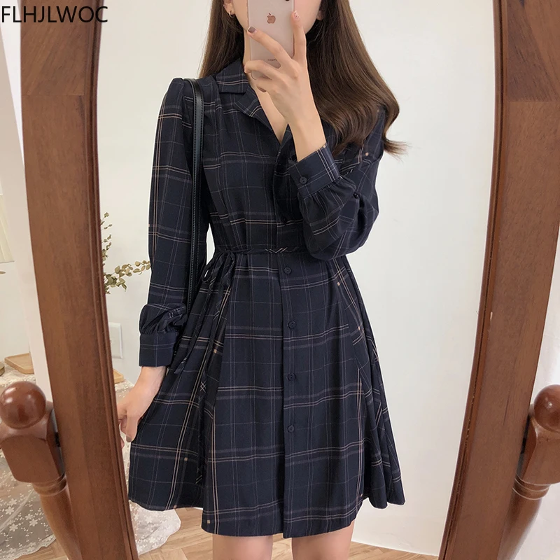 Autumn Basic Mini Dresses Hot Women Long Sleeve Japan Korean Style Design Cute Sweet A Line Vintage Girls Plaid Shirt Dress