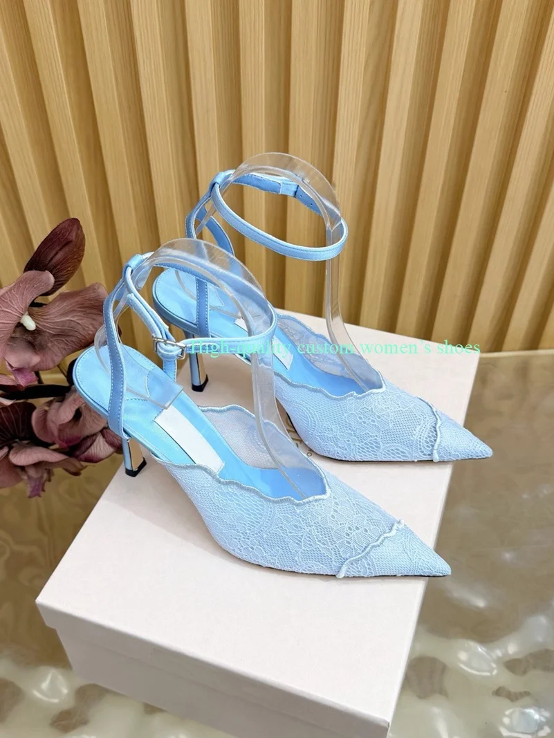 Pointed Color Blocking Lace is Breathable Women's Wedding Shoes Mesh One-strip Stilettos Luxury Women's Shoes Shallow Banquet view 2
